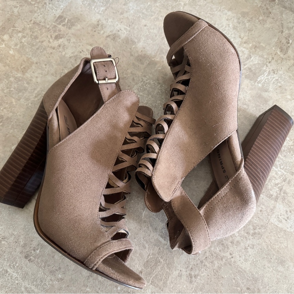 Call It Spring Tan Peep-Toe Heels with Chunky High Heel